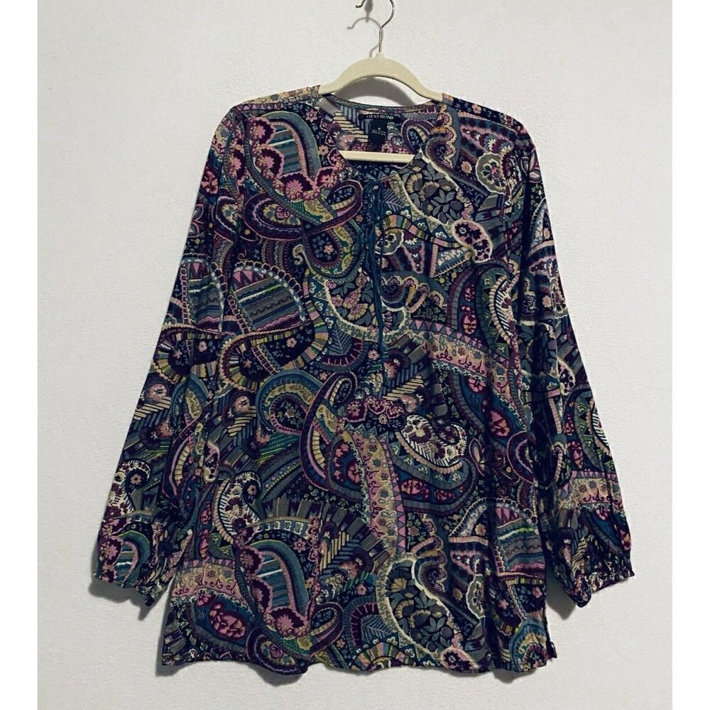 Lucky Brand Top Womens Medium Multicolor Paisley Tie Neck Long Sleeve Cotton Y2K